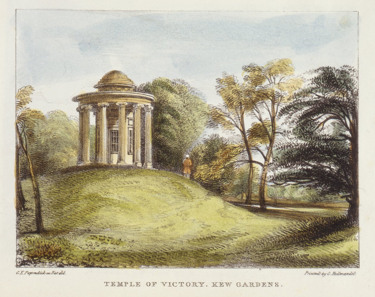 Temple of the Sun, Arboretum, Kew Gardens, plate 20 fra Kew Gardens: A Series of Twenty-Four Drawings on Stone, gravert av Charles Hullmandel (1789-1850) utgitt 1820 (håndkolorert lito) av George Ernest after Papendiek