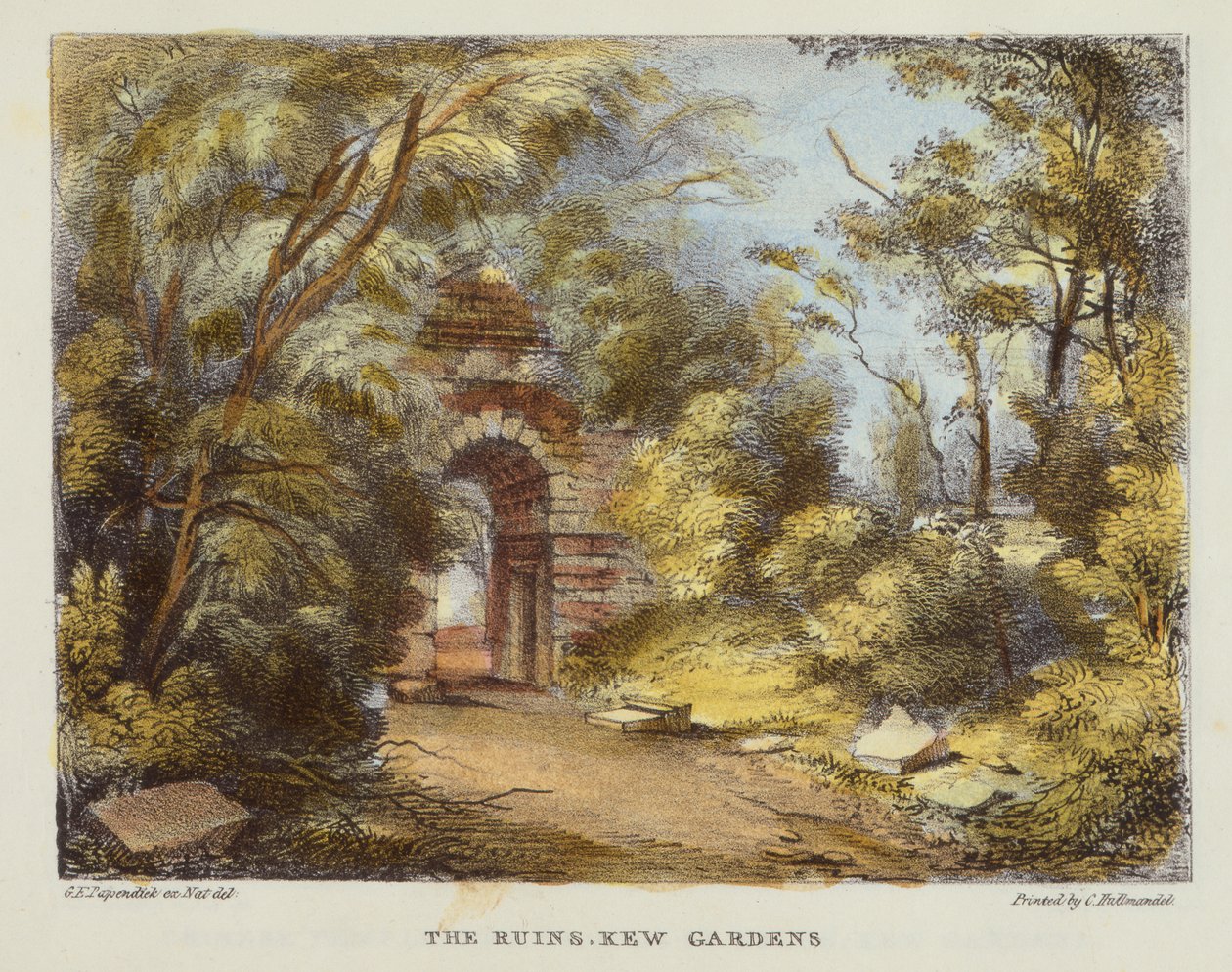 The Ruins, Kew Gardens, plate 15 fra Kew Gardens: A Series of Twenty-Four Drawings on Stone, gravert av Charles Hullmandel (1789-1850) utgitt 1820 (håndfarget lito) av George Ernest after Papendiek