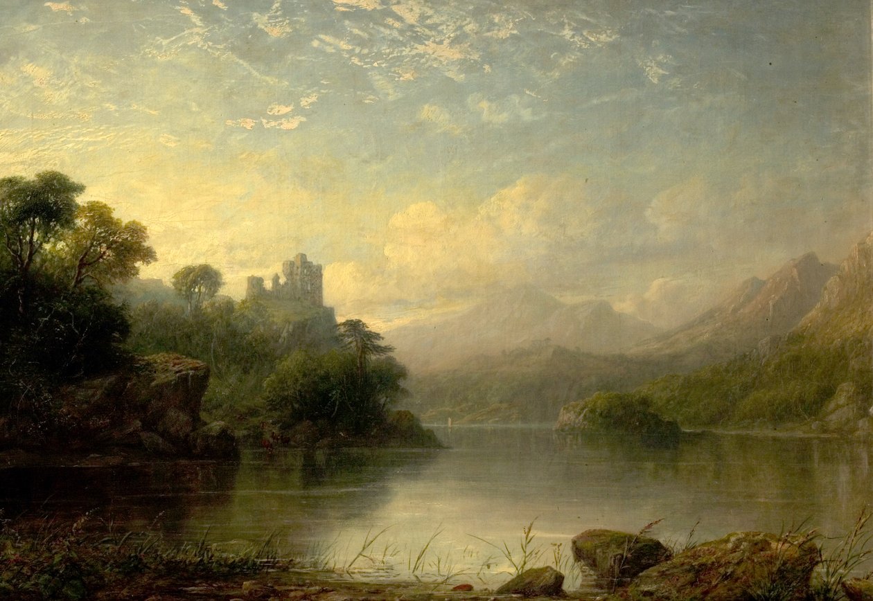 Lake Scene med ruinert slott og fjell, 1800-tallet av George F. Buchanan
