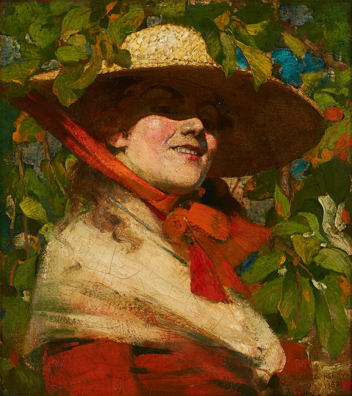 Jente med stråhatt (olje på lerret) av George F. Henry