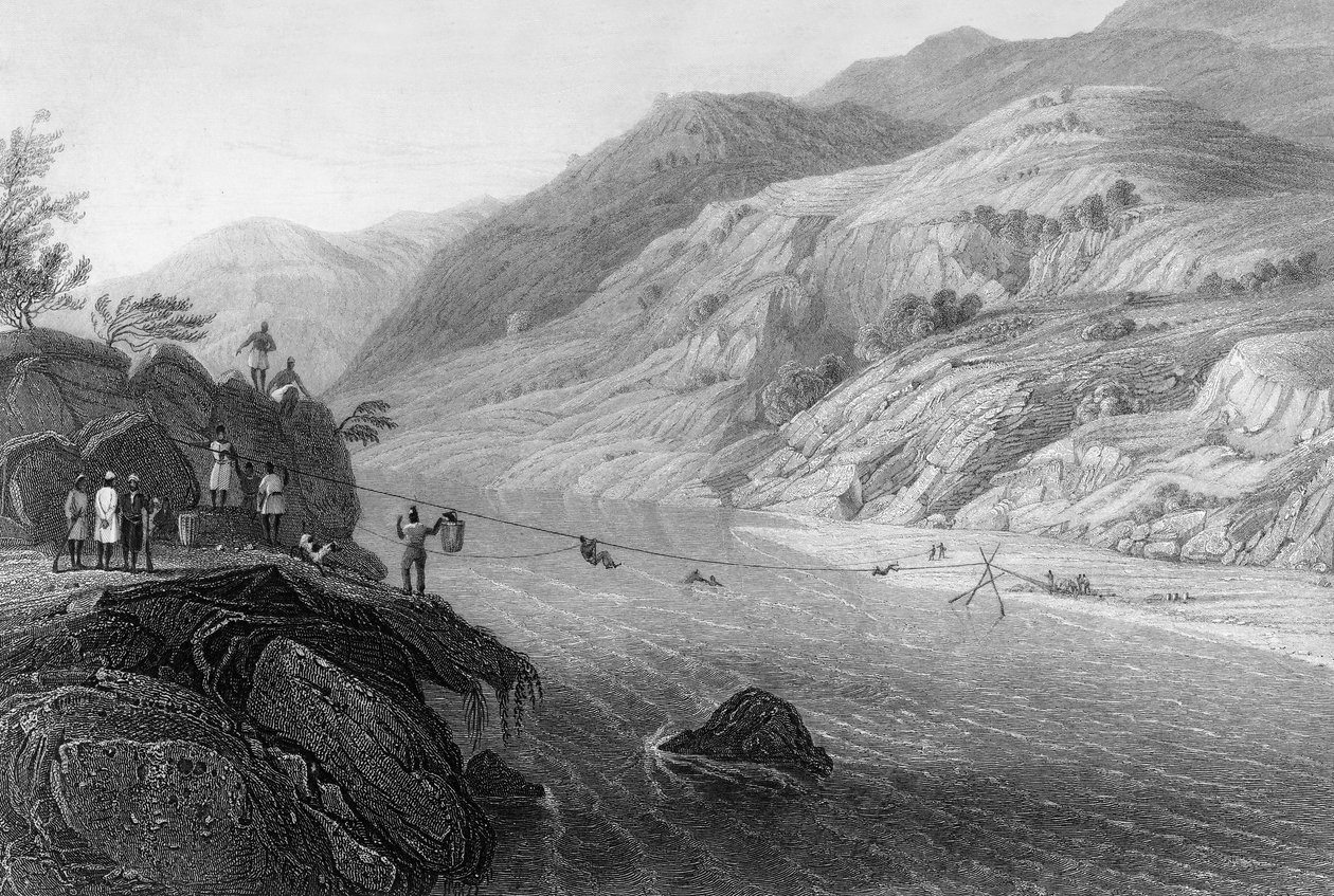 "Crossing the River Tonse by a Jhoola", 1838. av George Francis White
