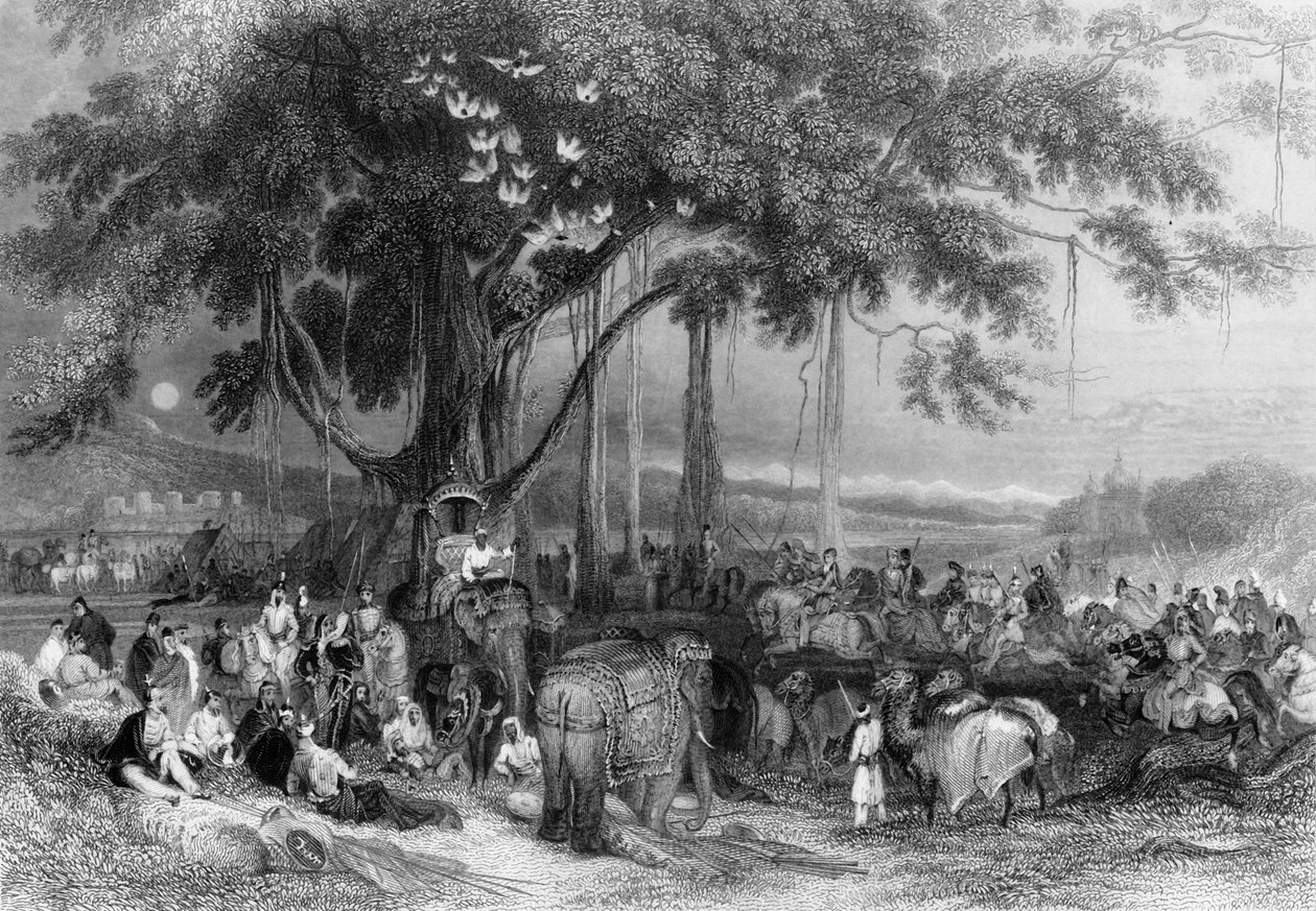 'Runjeet Singh og hans Suwarree, eller Cavalcade of Seiks', 1838. av George Francis White