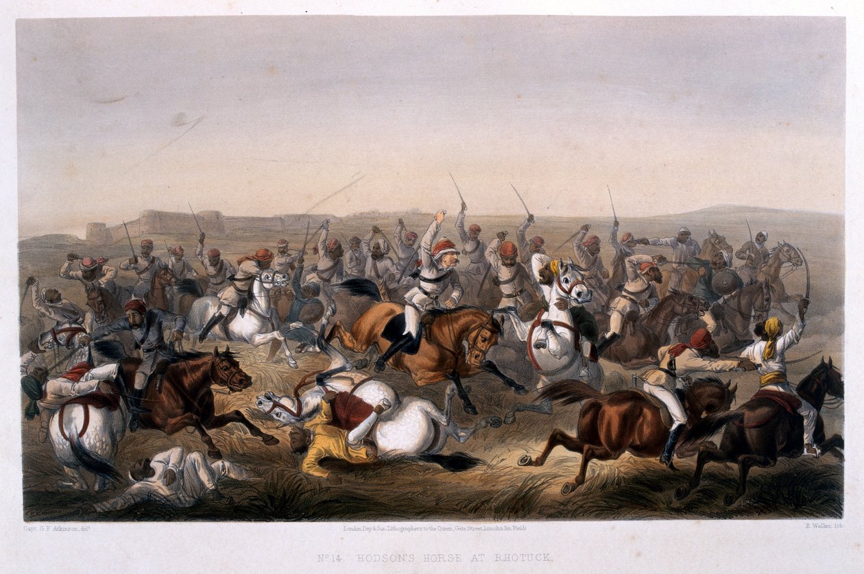 Hodson's Horse at Rhotuck, fra 'The Campaign in India 1857-1858 fra tegninger laget i løpet av den begivenhetsrike perioden med det store mytteriet, som illustrerer militæroperasjonene før Delhi og dets naboland av George Francklin Atkinson