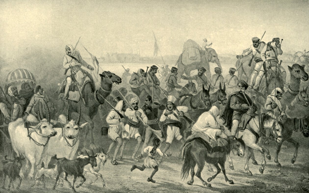 Innfødte hjelpearbeidere skynder seg til Delhi, ca 1850-tallet, 1901. av George Francklin Atkinson