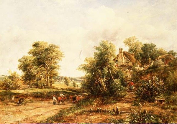 Sommerlandskap på kveldstid med drovers og storfe av George Frederic Watts