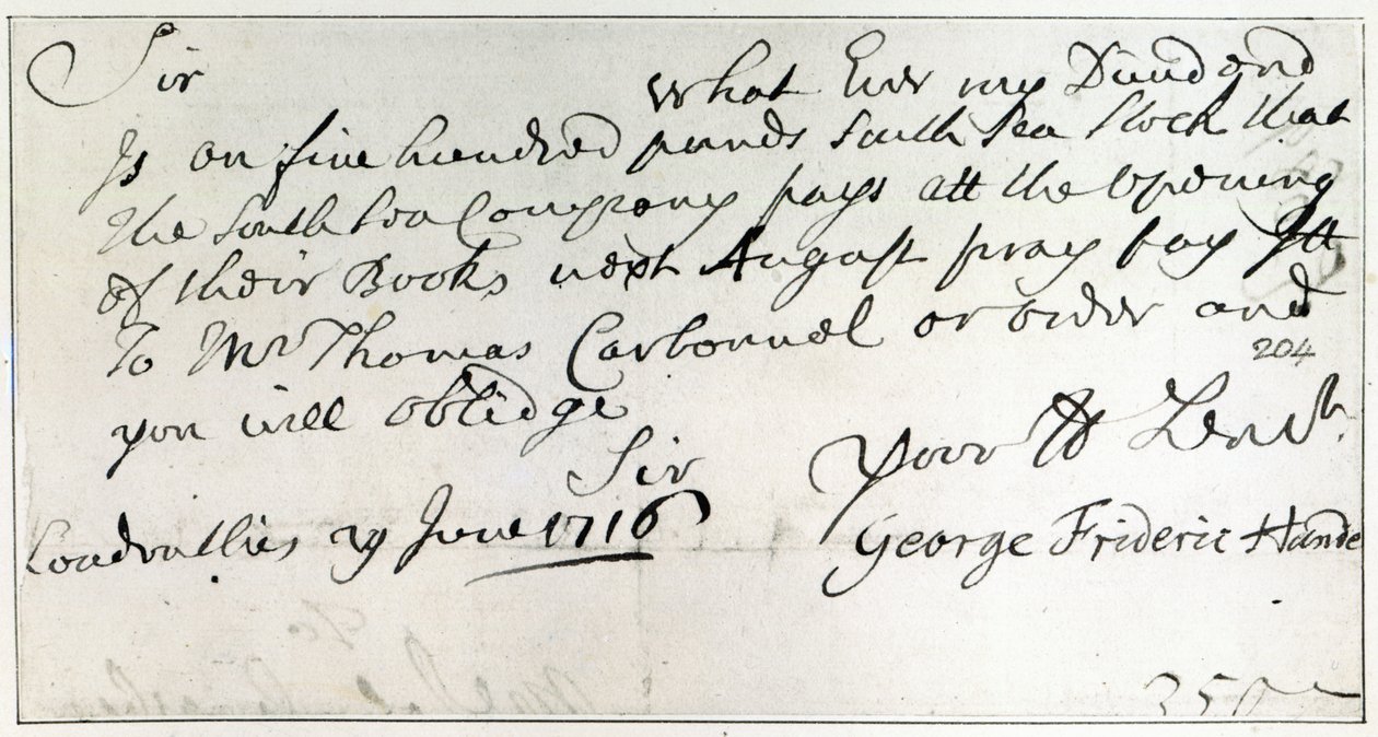 Brev skrevet av Handel, juni 1716 av George Frederick Handel