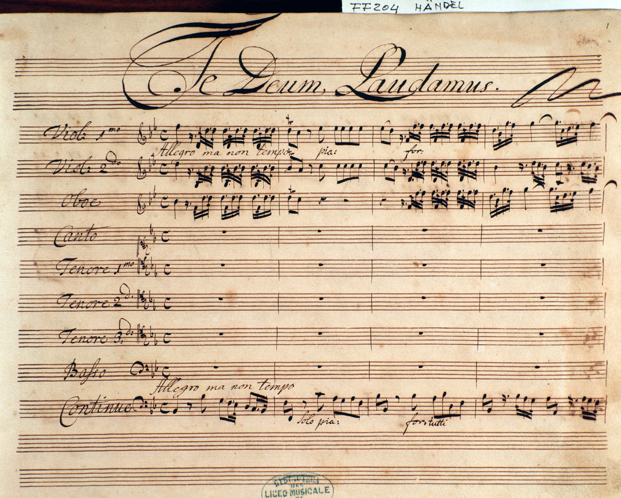Tittelside til partituret til Te deum av GF Handel av George Frederick Handel