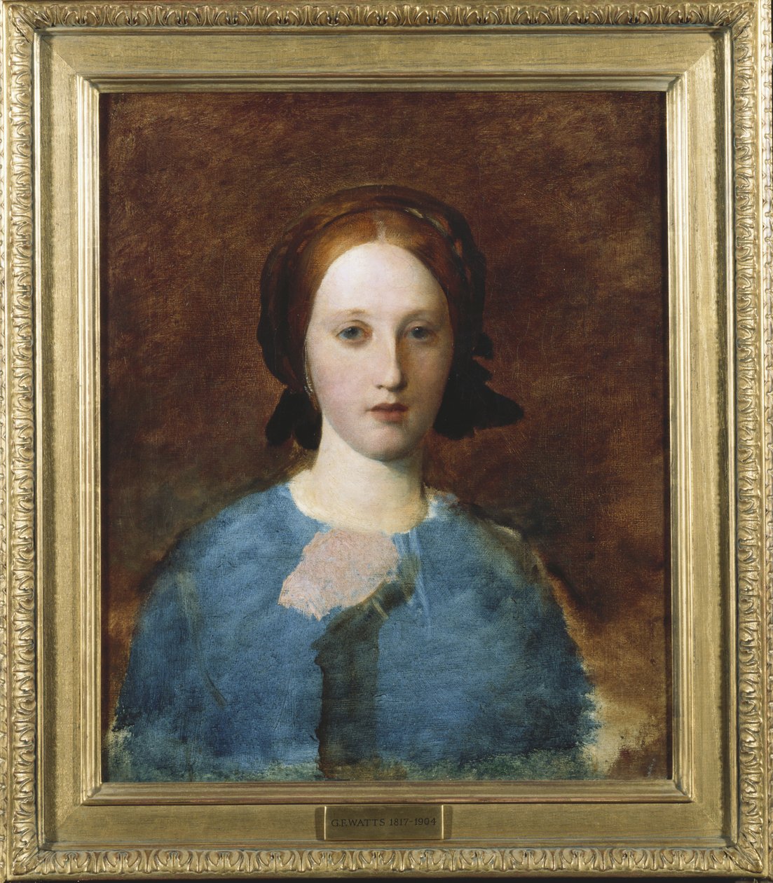 Portrett av fru Prescott Decie, bystelengde, i blå kjole - en skisse av George Frederick Watts