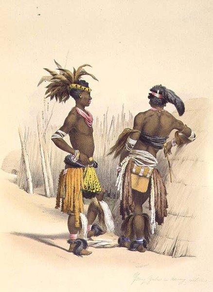 Umbambu og Umpengulu, unge zuluer i dansende kostyme, plate 15 fra 