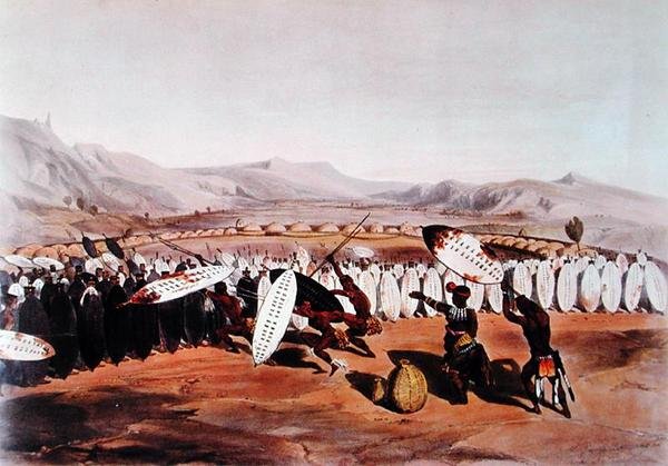 Umpanda gjennomgår troppene sine ved Nonduengo, gravert av J.Needham, ca. 1849 (litho-farge) av George French (after) Angas
