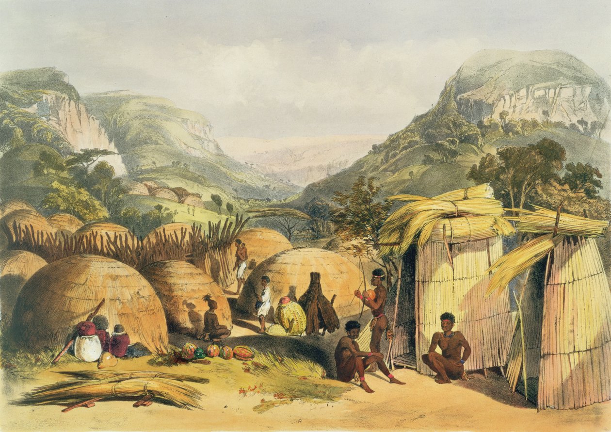 Inanda Kraal, Natal, plate 25 fra The Kafirs Illustrated, 1849 av George French Angas