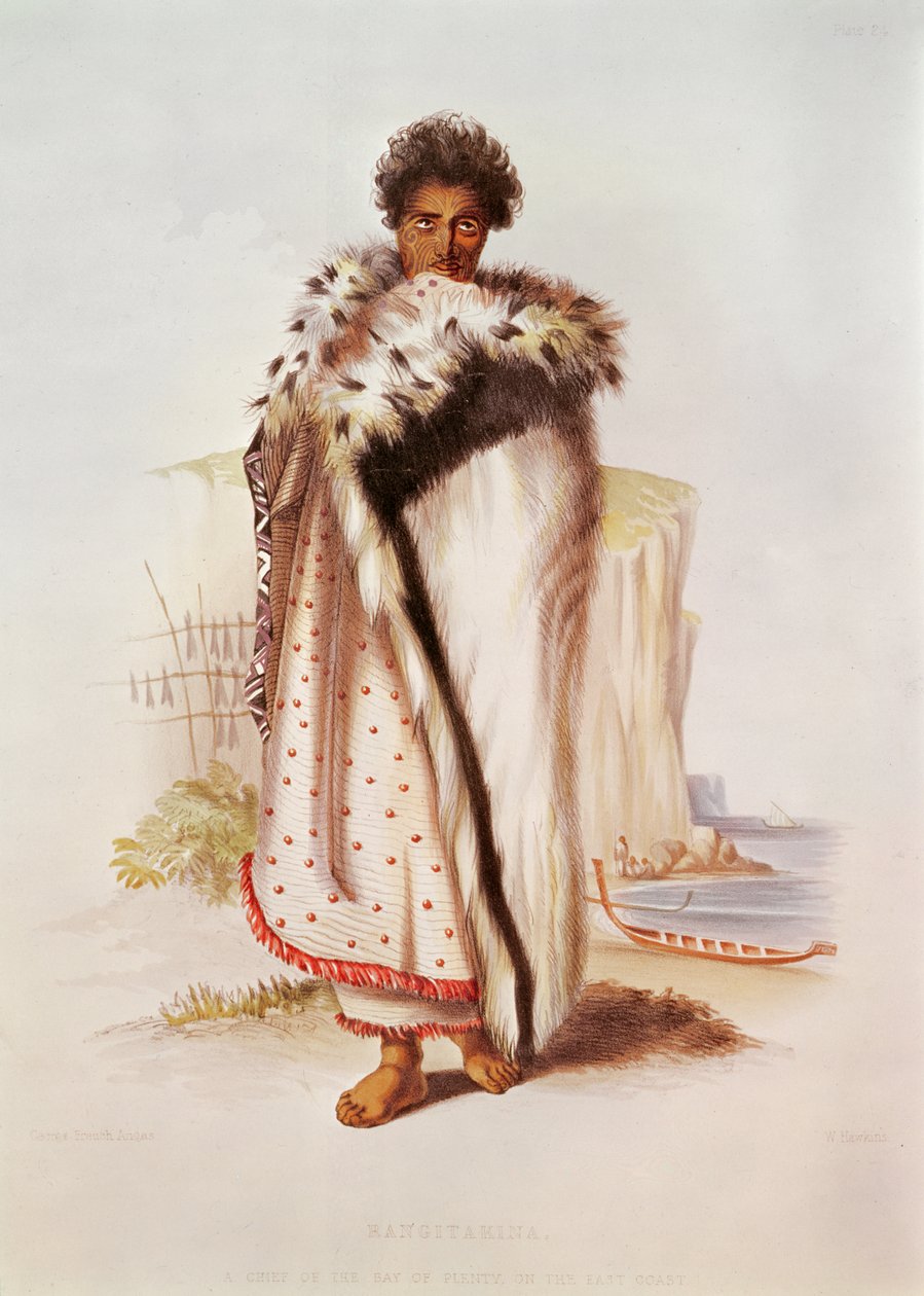 Rangitakina, en sjef for Bay of Plenty på østkysten, illustrasjon fra New Zealand Illustrated, gravert av W. Hawkins, ca. 1845 av George French Angas