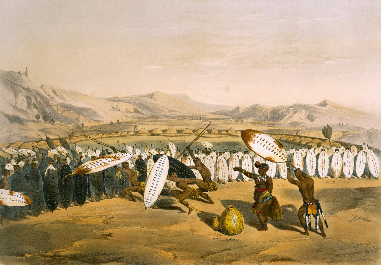 Umpanda gjennomgår troppene sine ved Nonduengi, plate 12 fra 