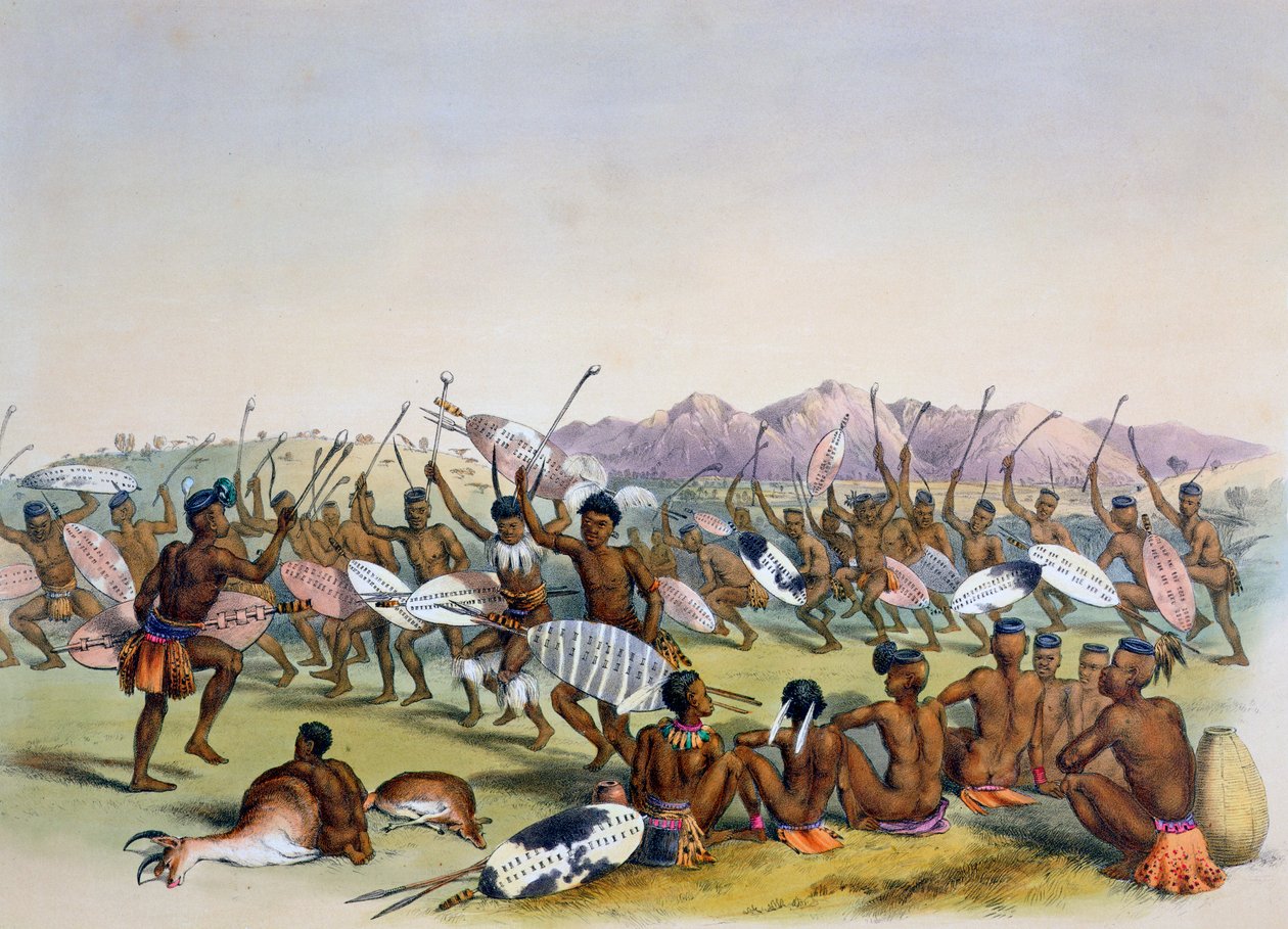 'Zulu-jaktdans nær Engooi-fjellene', 1849 av George French Angas
