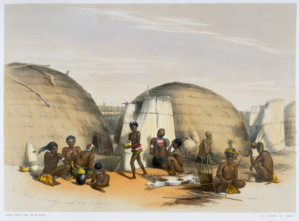 Zulu-kraal ved Umlazi med hytter og skjermer, 1849 av George French Angas