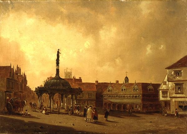Utsikt over The Cornhill, Ipswich (olje på lerret) av George Frost