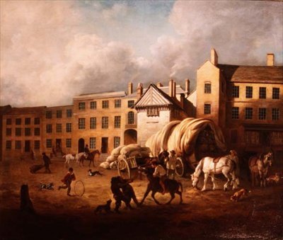 Byscene fra 1700-tallet med figurer og hester i en hage av George Garrard