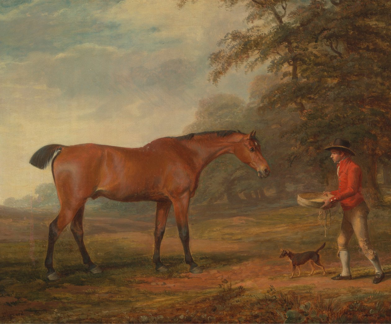 En bukthest oppsøkt av en stallgutt med mat og en grime av George Garrard