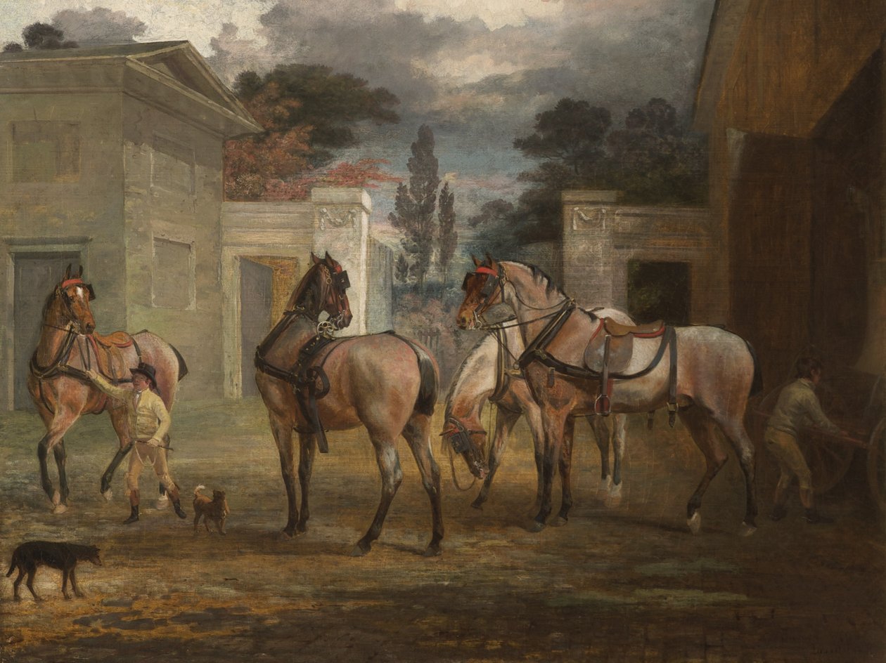 Fire Roan Coach-hester med to brudgom, 1792 av George Garrard