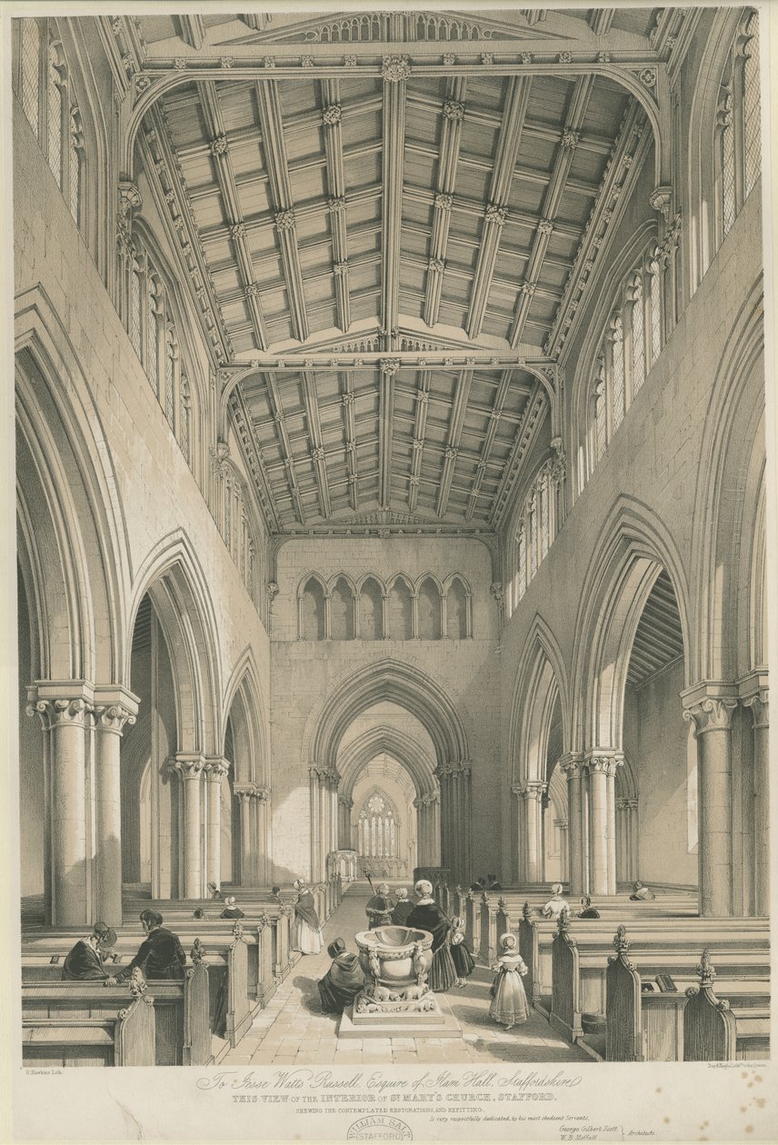 Stafford - Interiør av St. Mary's Church: tonet litografi, nd [c 1841] av George Gilbert Scott