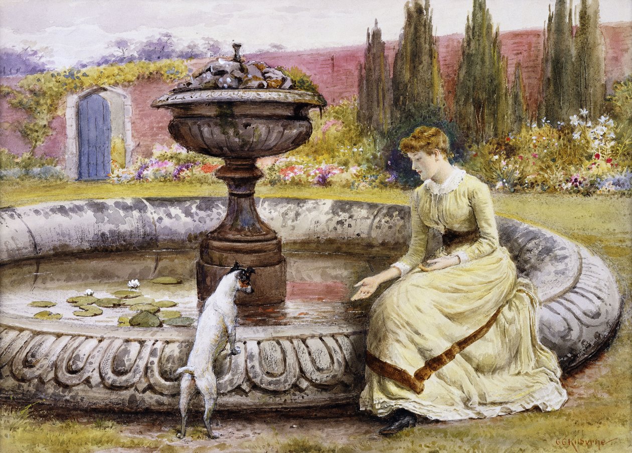 En dame og en hund ved siden av et prydbasseng, av George Goodwin Kilburne