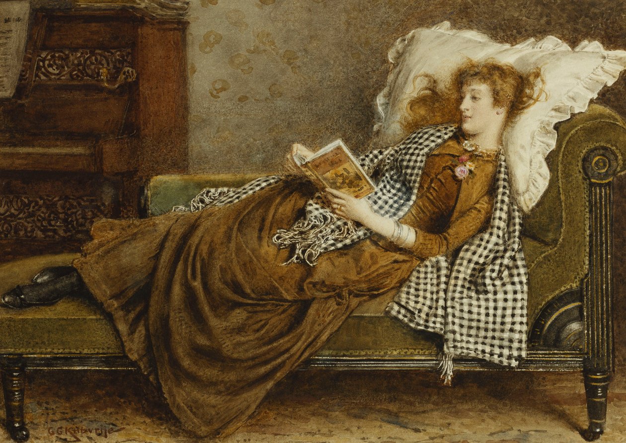 En ung dame som leser i et interiør, av George Goodwin Kilburne