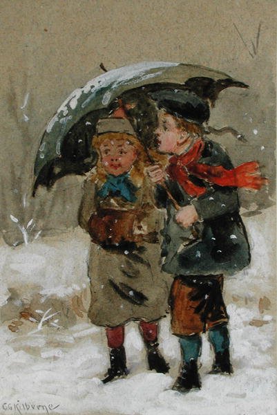 Barn som leker i snøen (wc forhøyet med hvitt på papir) (se 224241 for par) av George Goodwin Kilburne