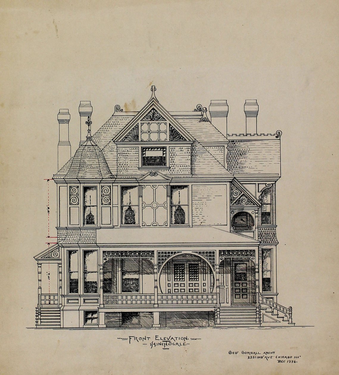Presentasjonsdesigntegninger, bolig for Dr. Stratford, Chicago, Illinois, Front Elevation av George Gorball