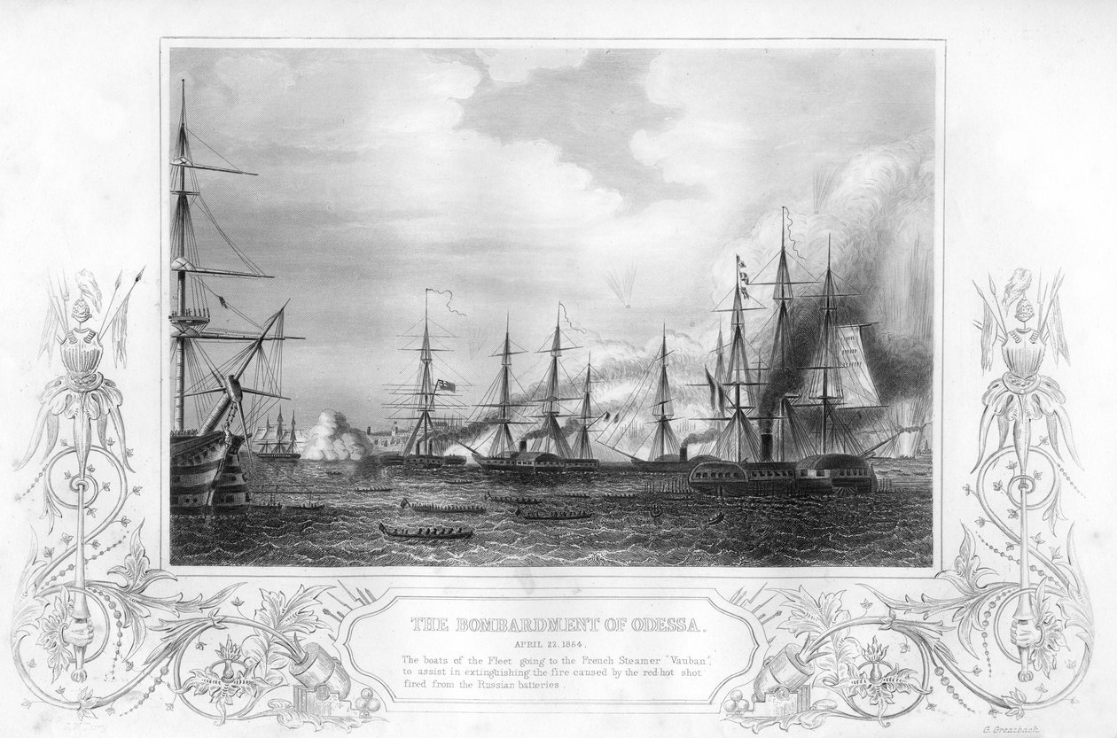Bombardementet av Odessa, Ukraina, under Krim-krigen, 1854-1857. av George Greatbatch