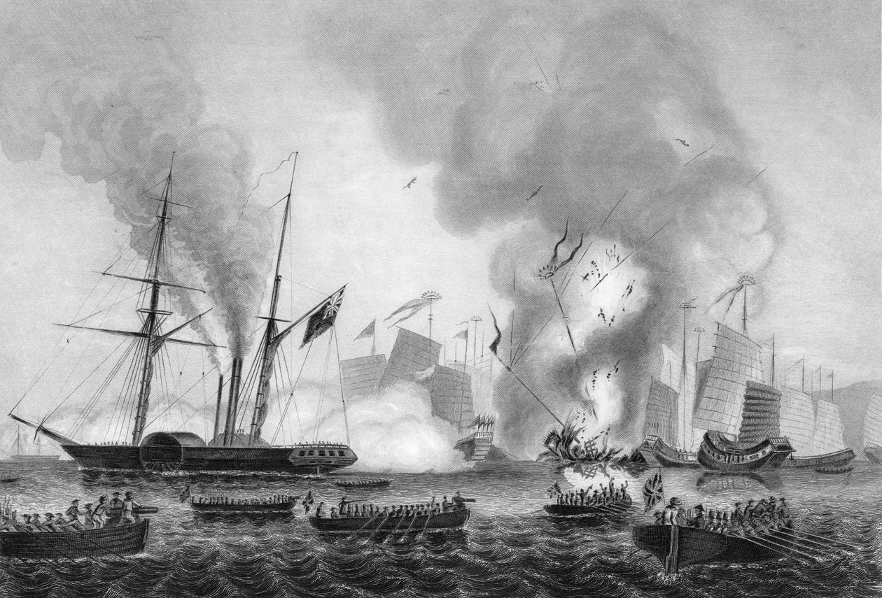 Ødeleggelsen av det kinesiske krigssøppelet i Ansons Bay, 7. januar 1841 c1857. av George Greatbatch