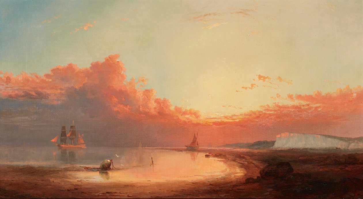 Frakt utenfor den engelske kysten, solnedgang (olje på lerret) av George Gregory