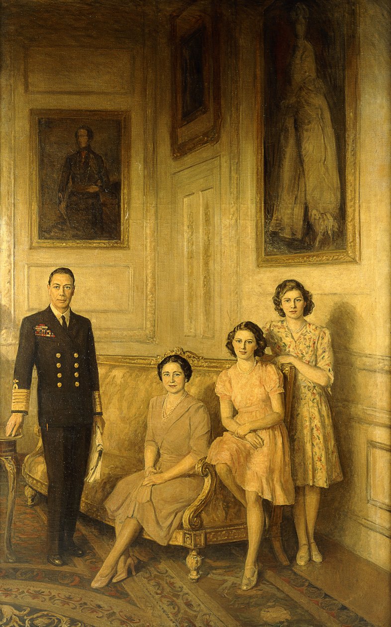 Kongefamilien: Kong George VI, dronning Elizabeth og deres to døtre, prinsesse Margaret og prinsesse Elizabeth av George Harcourt