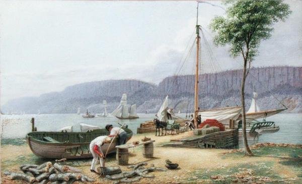 Ettermiddag - Hastings Landing. Palisade Rocks i Shadow, New York, ca. 1836 (akvarell, gouache og grafitt på papir) av George Harvey