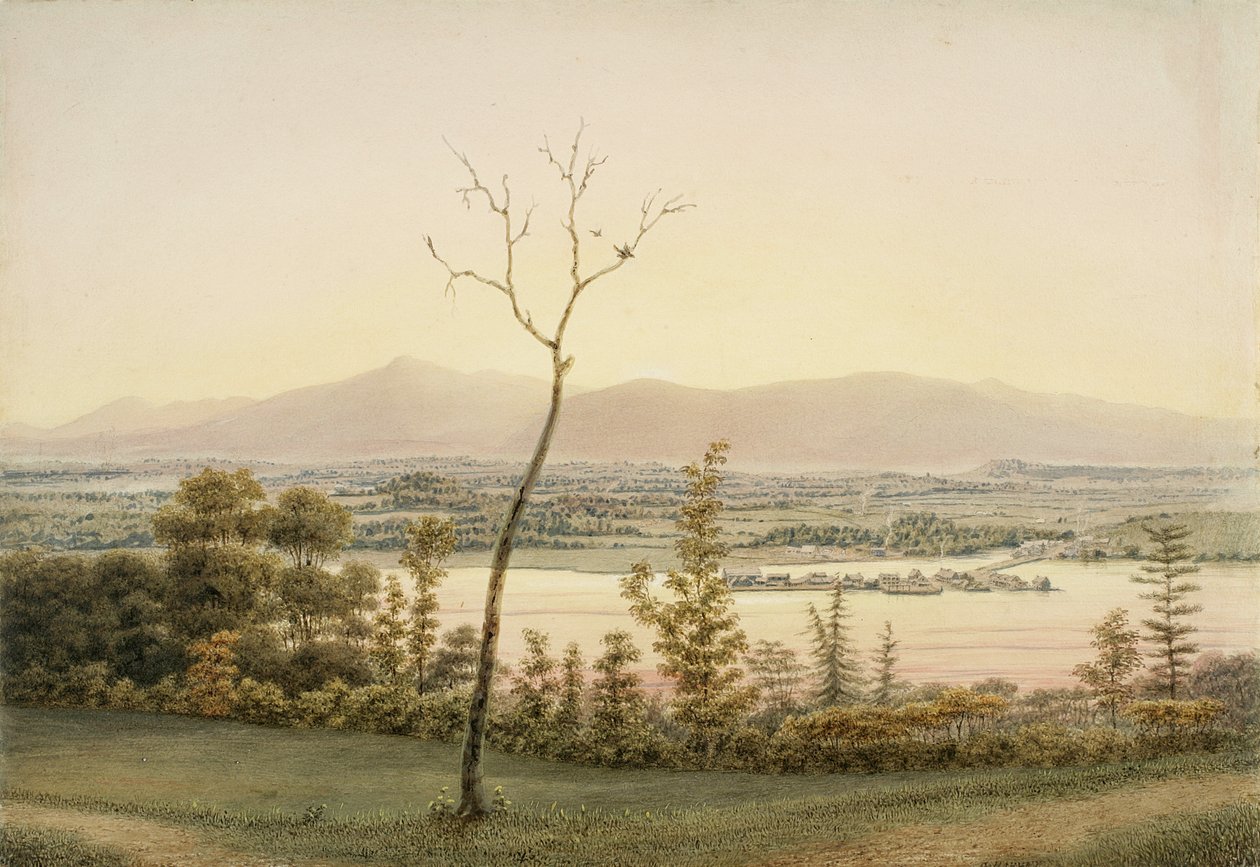 Early Twilight, Kaatskill Catskill Landing og Mountains from the East Bank of the Hudson, New York, 1840 (akvarell, grafitt, selektiv glass, gouache og innslag av å skrape ut på papir for av George Harvey