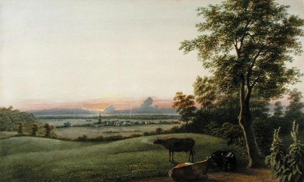 Sunrise - Flatbush and the Ocean fra Greenwood Cemetery, Long Island, New York, ca. 1830-40 (akvarell, gouache og grafitt på papir) av George Harvey