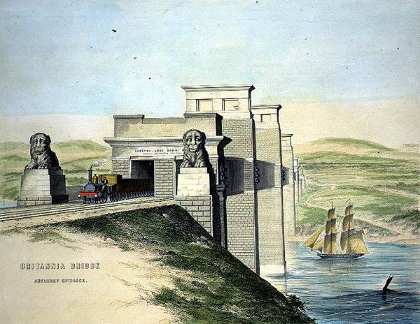 Britannia Bridge, Anglesey Entrance, gravert av kunstneren, pub. 1849 (farge litho) (for svart-hvitt se 109679) av George Hawkins