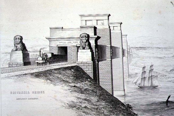 Britannia Bridge, Anglesey Entrance, gravert av kunstneren, pub. 1849 (litho) (for farge se 122445) av George Hawkins