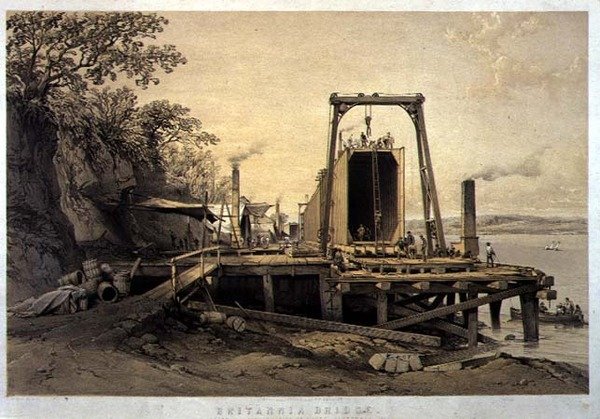 Britannia Bridge, Platform and Construction of Tubes, september 1848, gravert av kunstneren, pub. 1849 (lito) av George Hawkins
