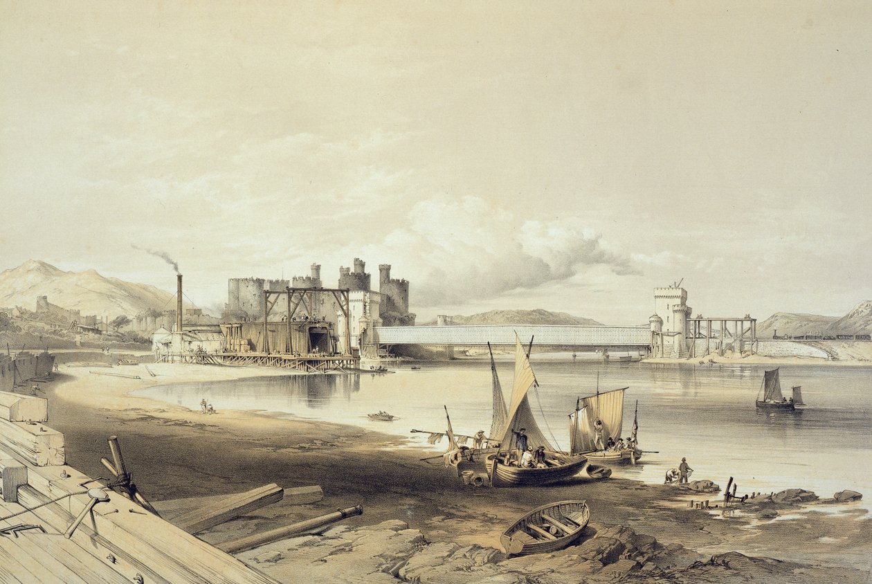 Conway Bridge, Construction of Second Tube, september 1848, gravert av kunstneren av George Hawkins