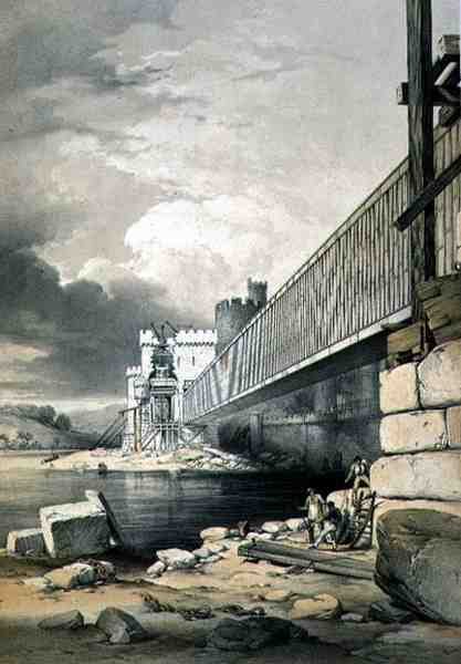 Conway Tubular Bridge, med forberedelsene til å heve det andre røret, pub. i 1849 (litho) av George Hawkins