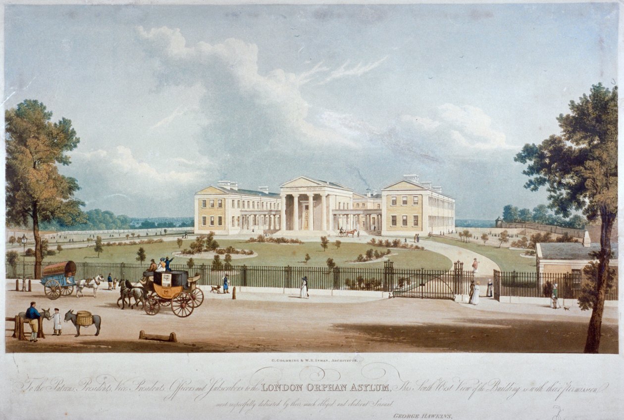 Sør-vest utsikt over London Orphan Asylum i Lower Clapton, Hackney, London, c1830 av George Hawkins