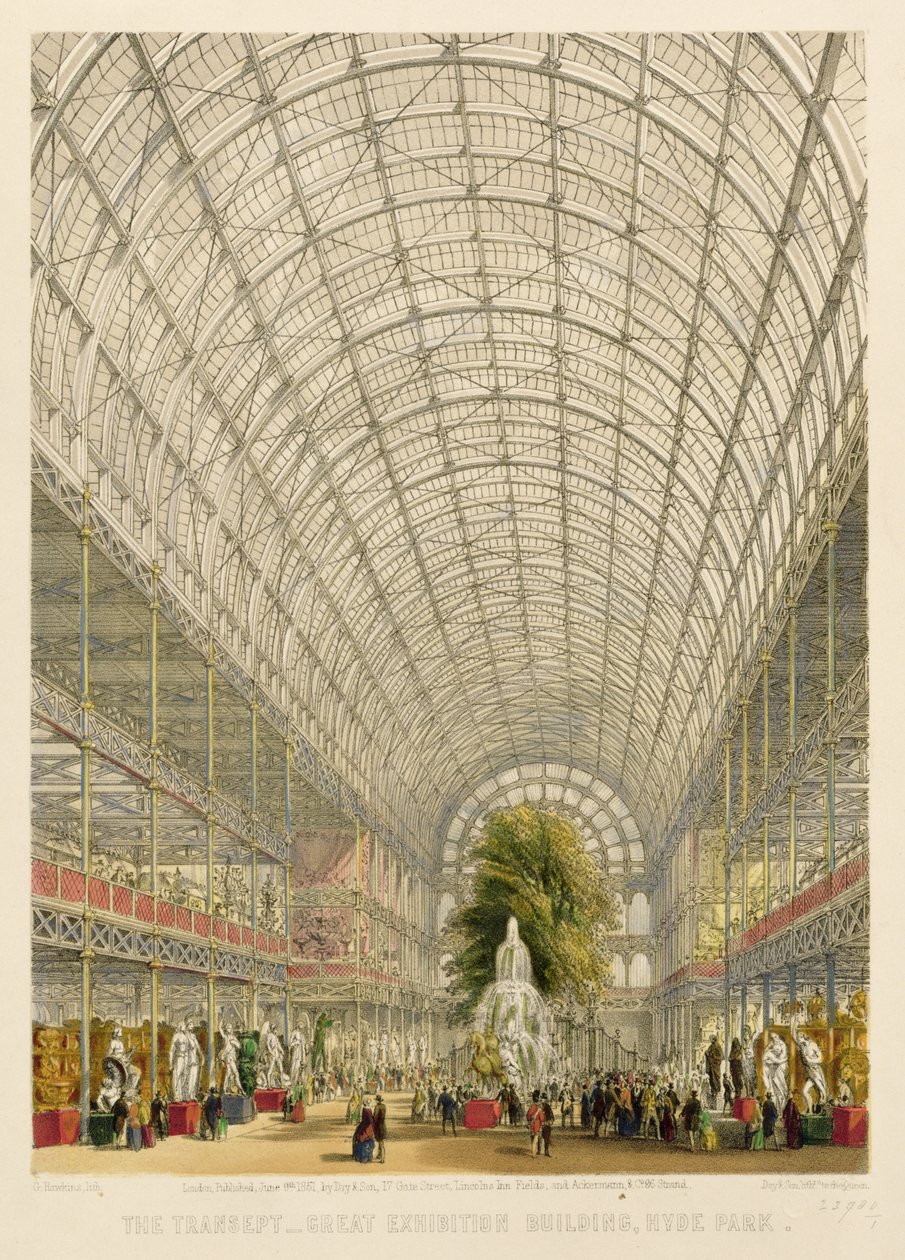 Transept av Crystal Palace, pub. av Day and Son und Ackermann und Co. (farget litho) av George Hawkins