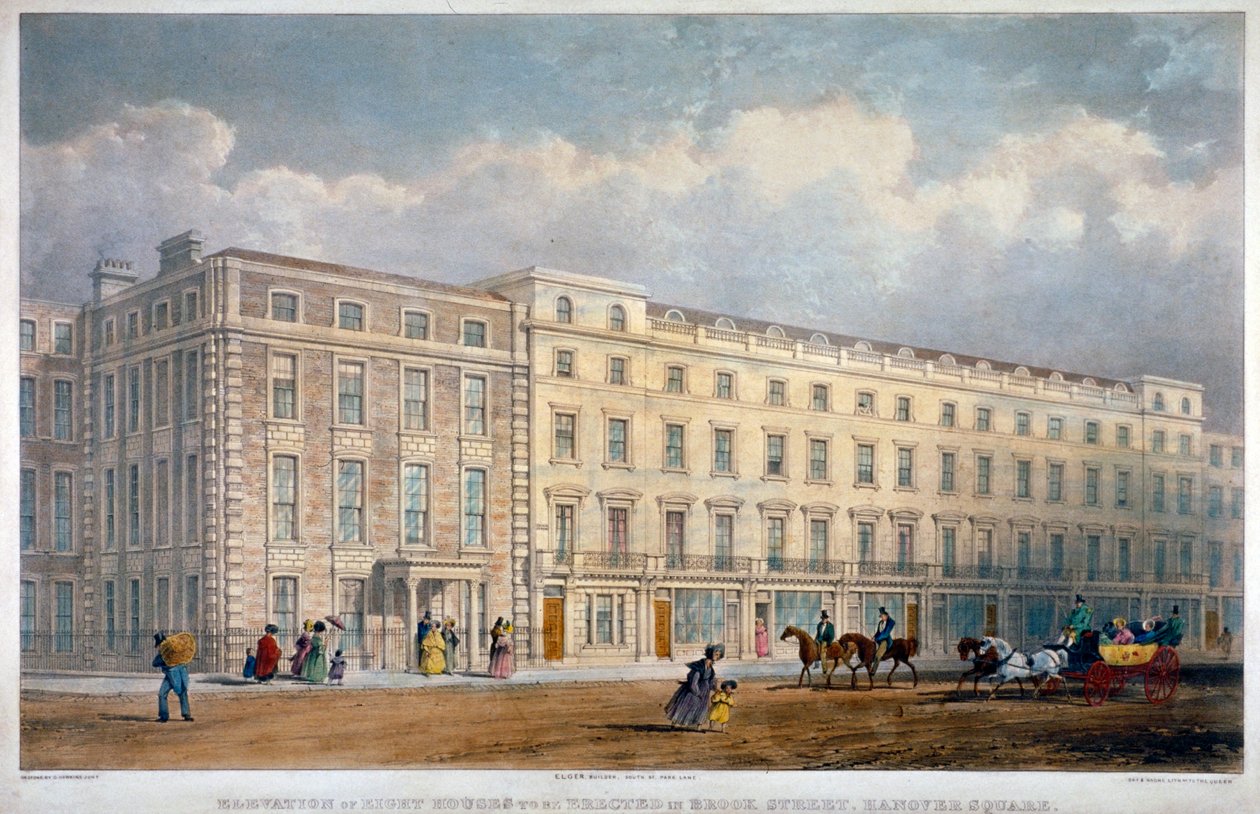 Utsikt over åtte hus i Brook Street, Westminster, London, c1840 av George Hawkins