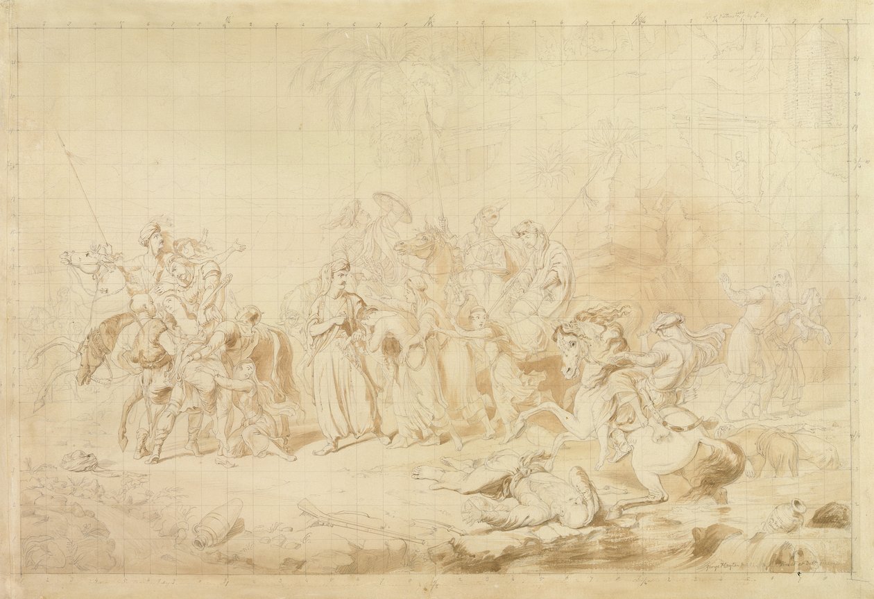Banditti fra Kurdistan hjelper georgiere med å overraske og bortføre sirkassiske kvinner ca. 1827-28 (penn og brunt blekk på vevd papir) av George Hayter