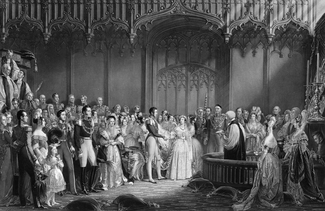 Ekteskap mellom dronning Victoria (1819-1901) og prins Albert (1819-61) ved St. James's Palace 10. februar 1840, gravert av Charles Eden Wagstaff, 1840 av George Hayter