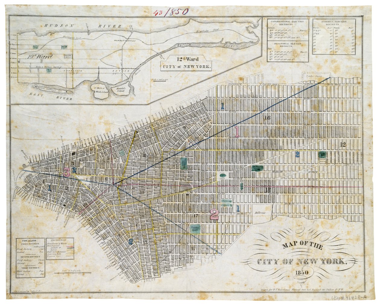 Kart over byen New York, 1850 (svart blekk, med fargevask, på papir) av George Hayward