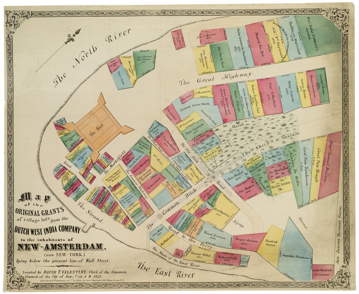 Kart over de opprinnelige tilskuddene til landsbytomter fra det nederlandske vestindiske kompaniet til innbyggerne i New-Amsterdam (nå New-York) som ligger under den nåværende linjen til Wall Street, 1857 (svart blekk, med farge av George Hayward