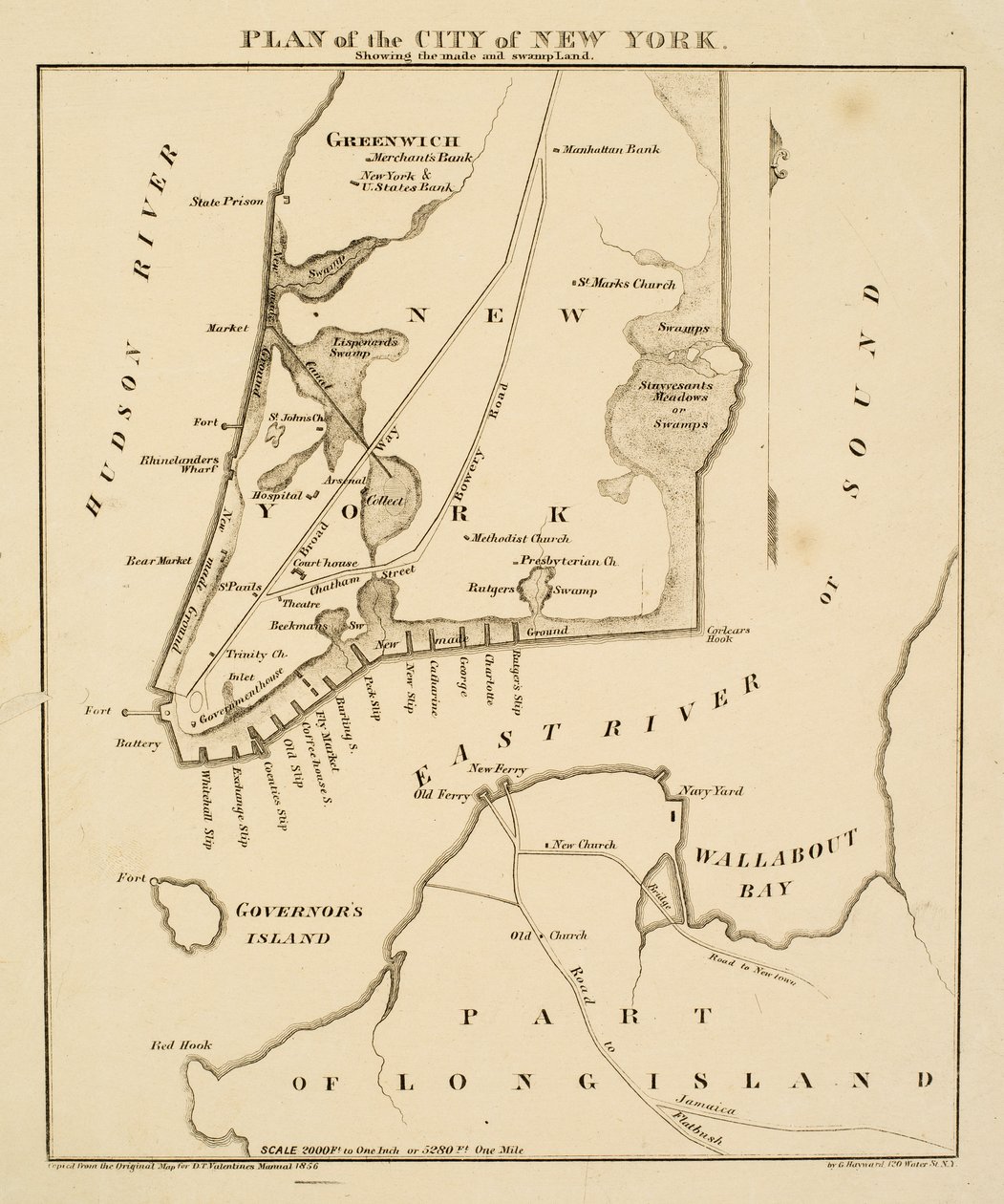 Plan over byen New York som viser det laget [sic] og sumplandet, 1856 (svart blekk på papir) av George Hayward