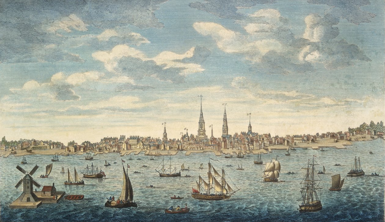 En østlig utsikt over byen Philadelphia, i provinsen Pennsylvania, i Nord-Amerika: hentet fra Jersey Shore, pub. London, 1774 (håndfarget gravering) av George Heap