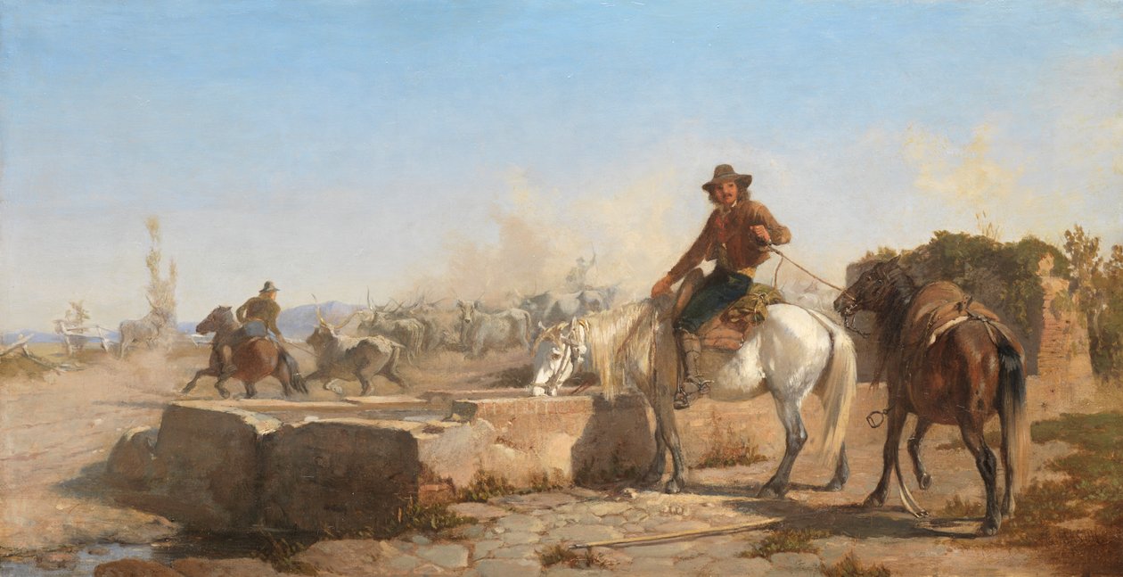 En Buttero som vanner hesten sin i den romerske kampanjen, 1853 av George Hemming Mason